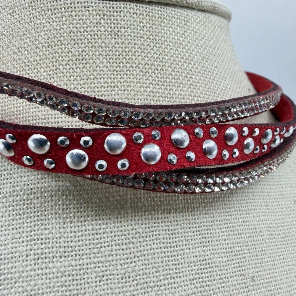Red Faux Suede Wrap Choker Necklace Rhinestone Studded Western Statement